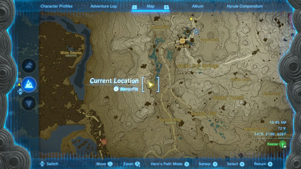 Uno screenshot della posizione sulla mappa della Grotta del fiume Goronbi in Zelda: Tears of the Kingdom