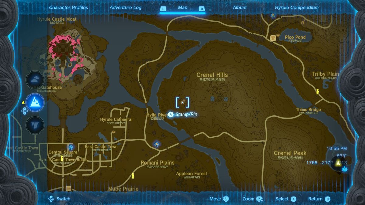 Uno screenshot della posizione sulla mappa della caverna di Crenel Hills in Zelda: Tears of the Kingdom