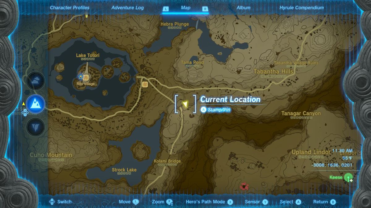 Uno screenshot della mappa che mostra la Caverna di Brightcap in Zelda: Tears of the Kingdom
