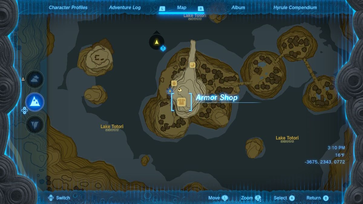 Una mappa mostra la posizione del negozio di Rito Village che vende l'armatura Snowquill in Zelda Tears of the Kingdom.