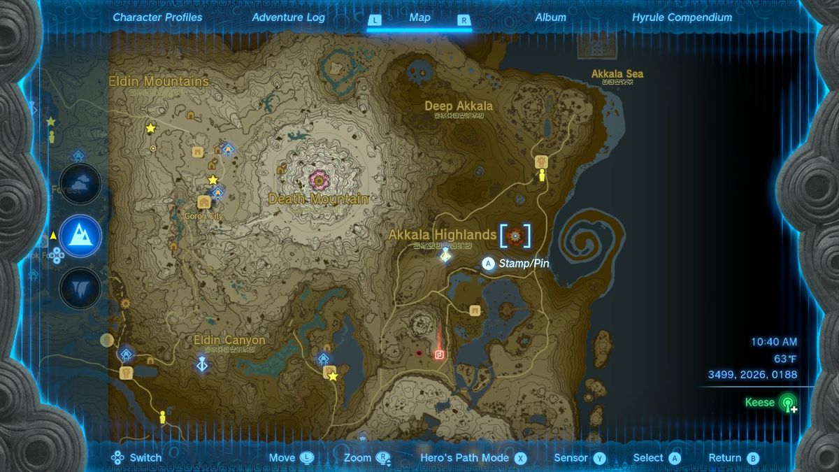 Uno screenshot della posizione sulla mappa della voragine delle pianure di Akkala orientale in Zelda: Tears of the Kingdom