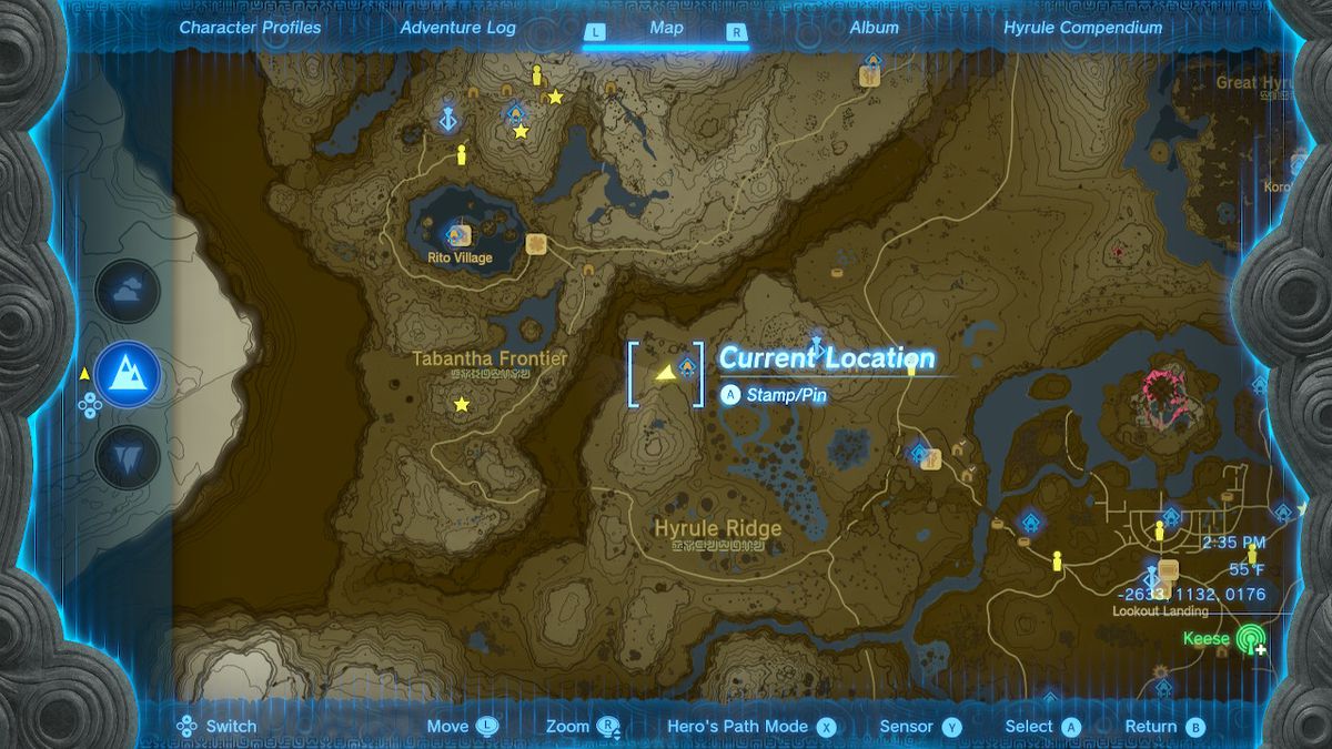Uno screenshot della posizione sulla mappa dell'Hyrule Ridge Chasm in Zelda: Tears of the Kingdom