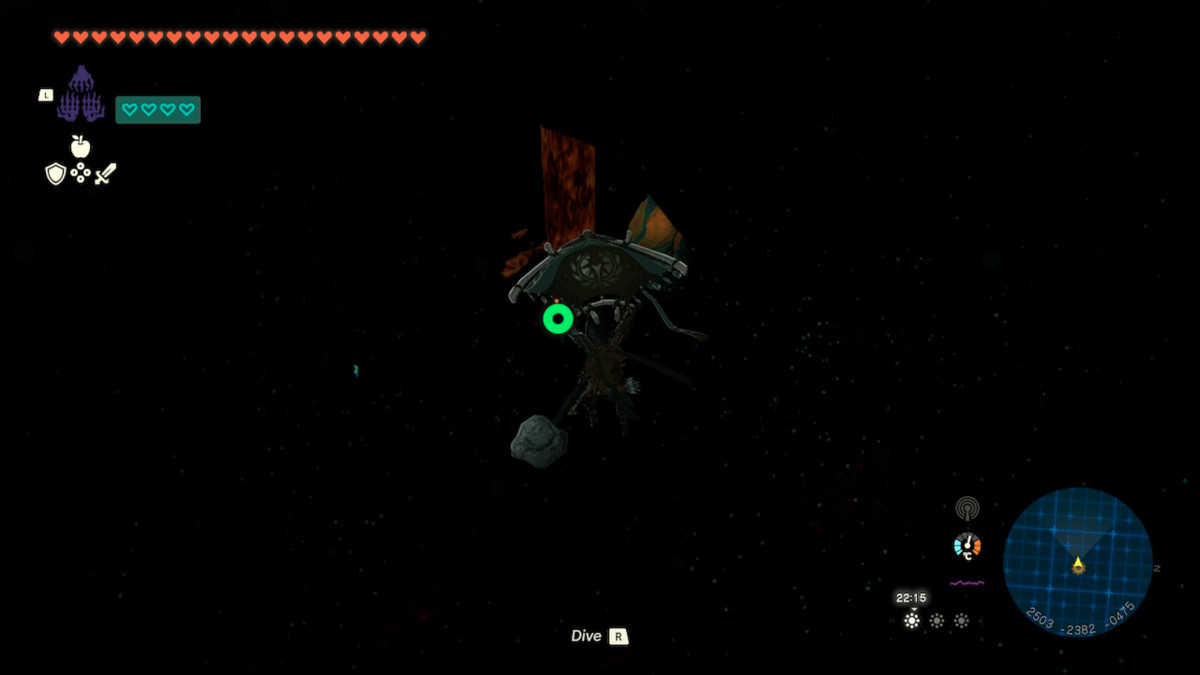 Link scivola verso una radice luminosa nelle profondità mentre cerca la posizione dell'armatura del vento in Zelda Tears of the Kingdom.