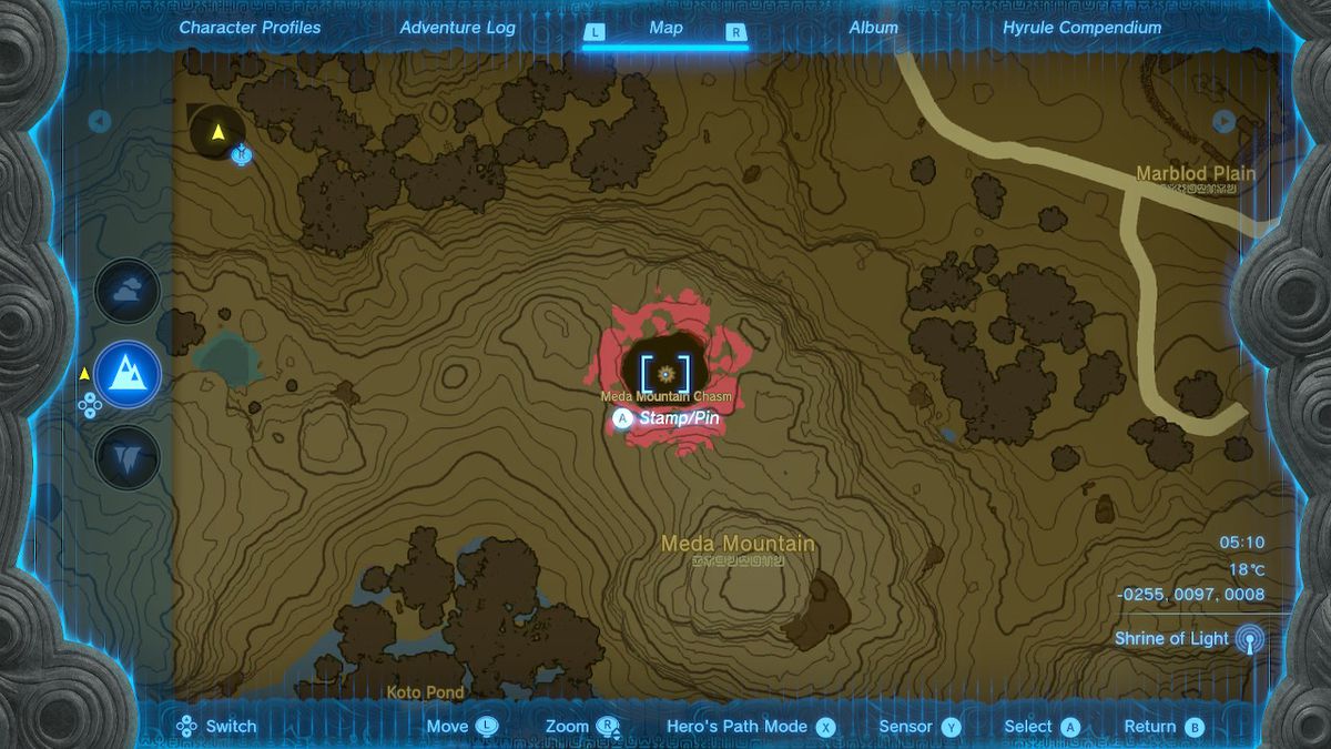 Una mappa mostra la posizione del Meda Mountain Chasm in Zelda Tears of the Kingdom.