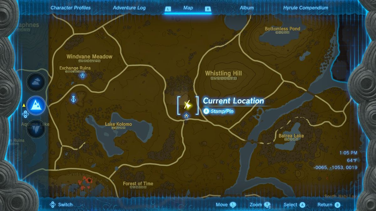 Una mappa mostra la posizione dell'armatura di gomma ambientata in Zelda Tears of the Kingdom.