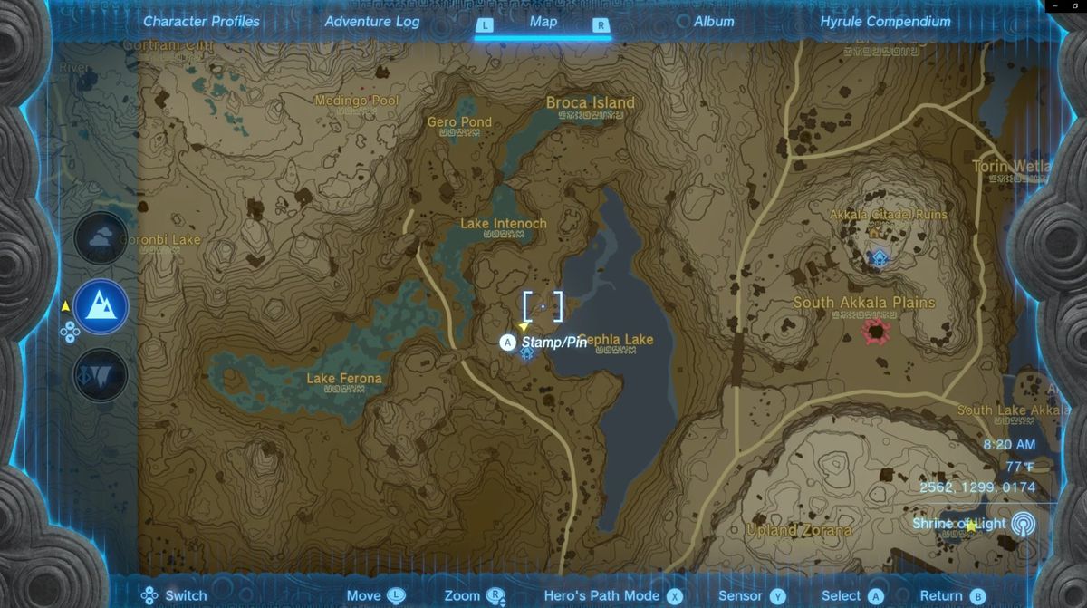 La posizione di Cephla Lake Cave, che inizia la missione Fierce Deity Armor in The Legend of Zelda: Tears of the Kingdom