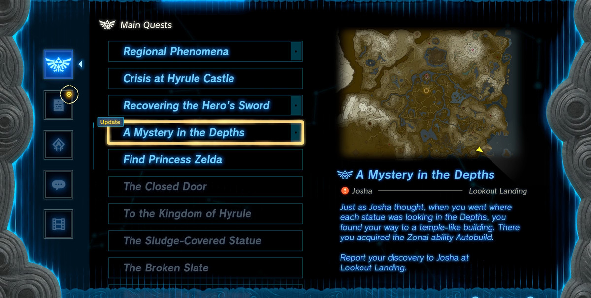 Registro delle missioni A Mystery in the Depths nel menu delle missioni principali di Zelda: Tears of the Kingdom