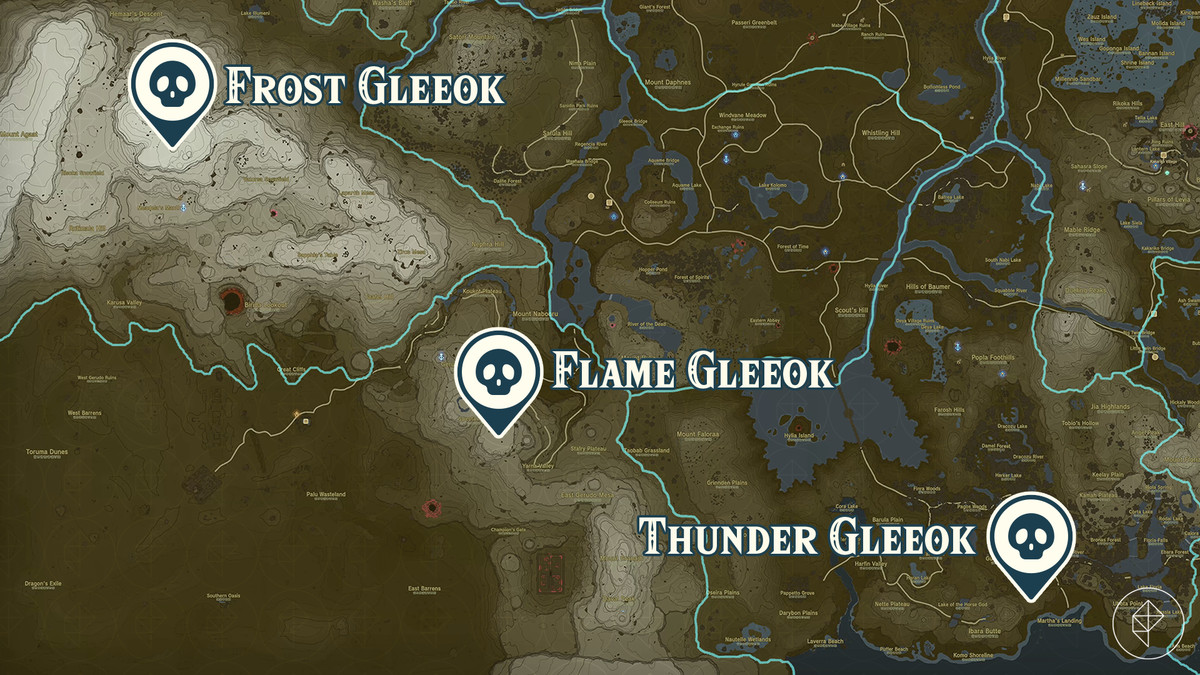 Una mappa mostra le posizioni di Flame Gleeok, Frost Gleeok e Thunder Gleeok in Zelda Tears of the Kingdom.