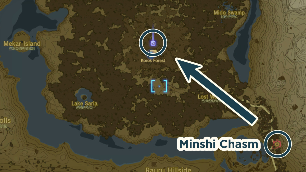 Percorso per raggiungere la foresta di Korok attraverso il Minshi Chasm sulla mappa di The Legend of Zelda: Tears of the Kingdom