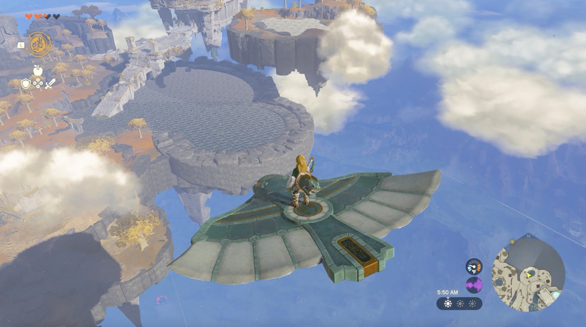 Link cavalca un'ala per planare fino al Tempio del Tempo sulla Great Sky Island in Zelda Tears of the Kingdom.