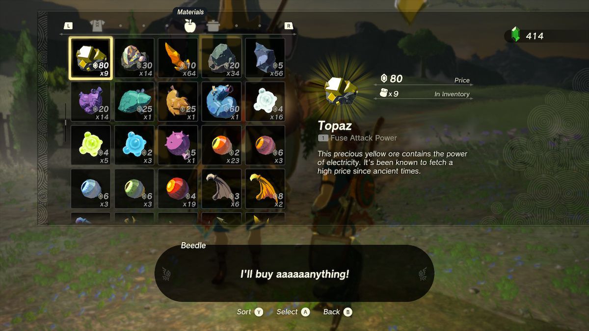 Una schermata del menu commerciante di materiali di vendita di Link, che evidenzia un topazio a 80 rupie in Zelda: Tears of the Kingdom