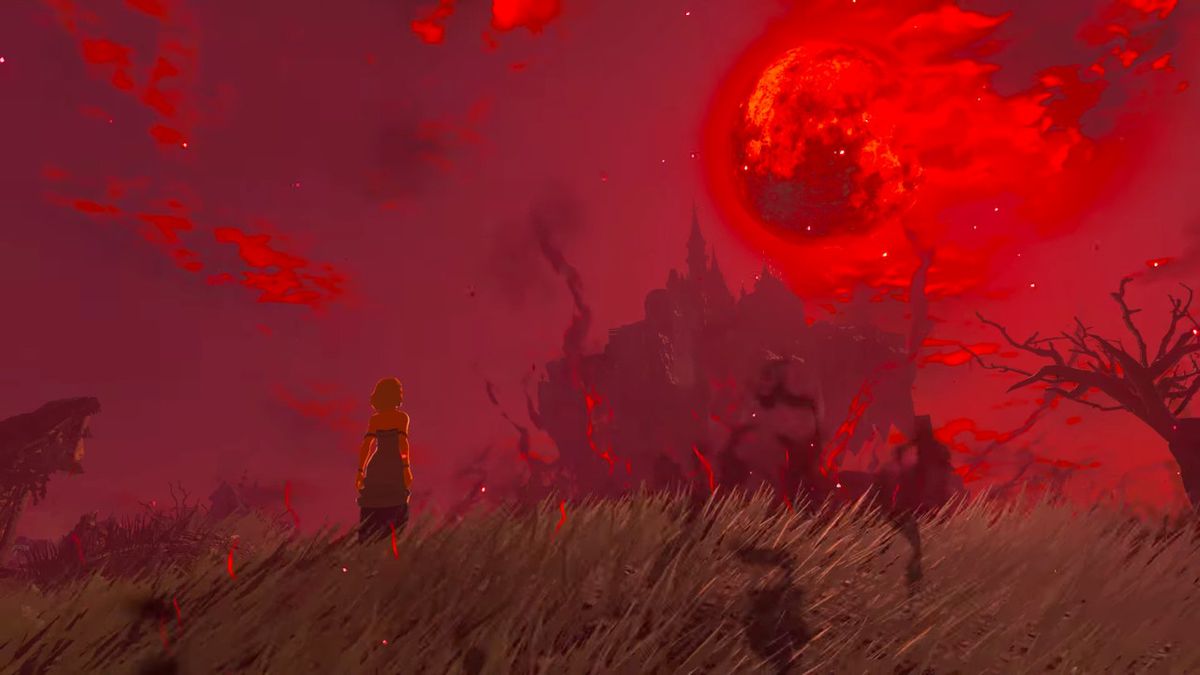 Zelda fissa una Luna di Sangue sopra il Castello di Hyrule in Zelda Tears of the Kingdom.