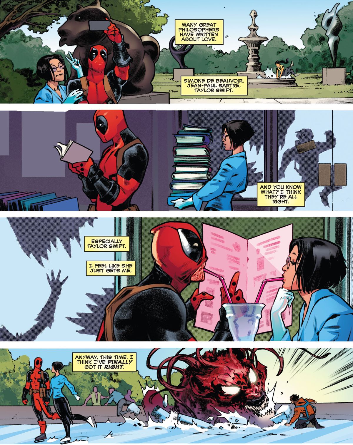 Deadpool e la sua dolce metà, Valentine Vuong, visitano un parco di sculture, una libreria, una tavola calda e una pista di pattinaggio sul ghiaccio mentre un grande mostro caccia segretamente le persone dietro di loro.  La narrazione di Deadpool riflette su come questa volta abbia finalmente ottenuto l'amore giusto, in Deadpool # 6 (2023).