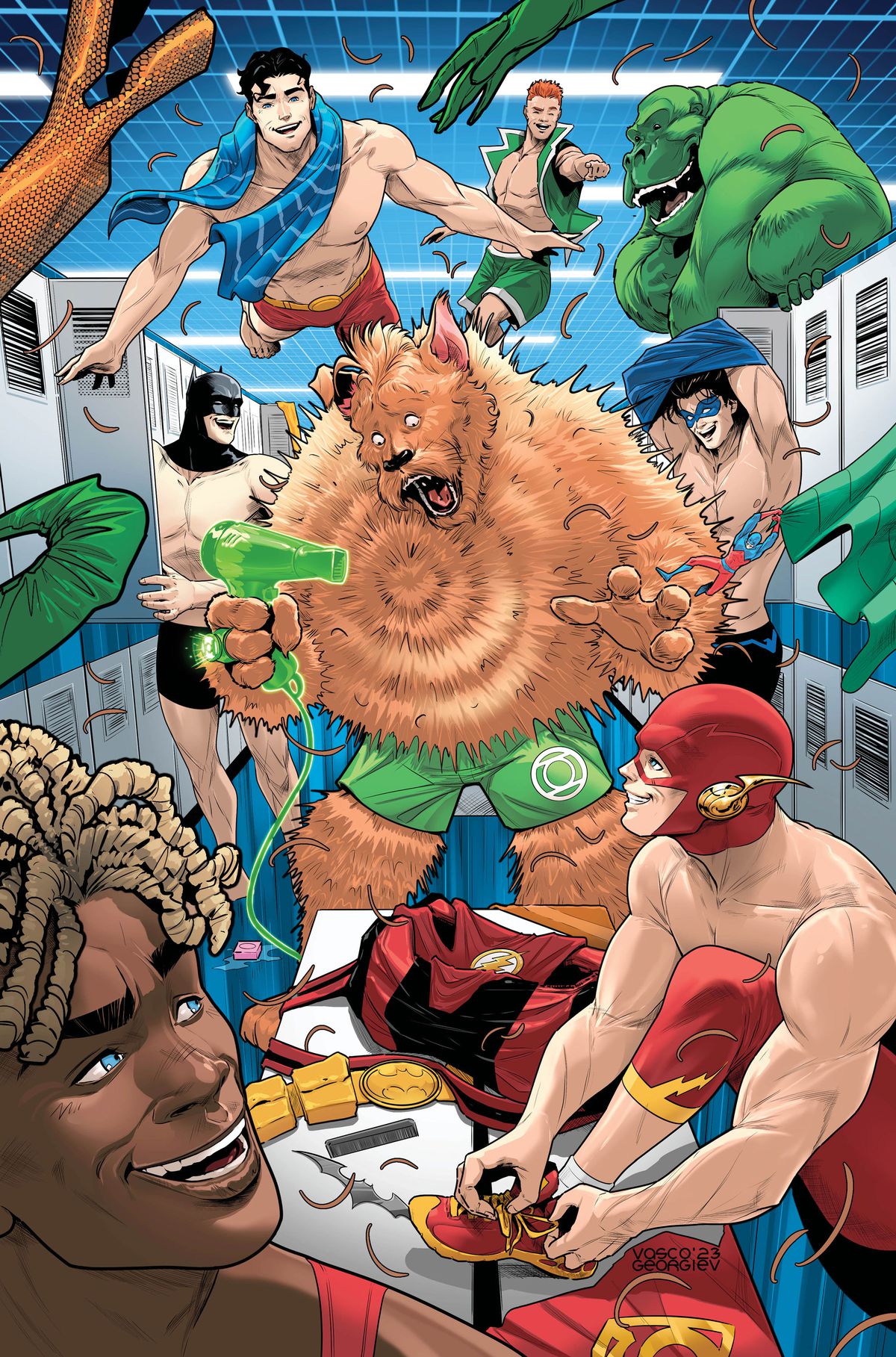 G'nort sembra sorpreso mentre si toglie la pelliccia con un asciugacapelli in uno spogliatoio pieno di ridenti supereroi DC che si infilano i costumi da bagno sulla copertina di G'nort's Illustrated Swimsuit Edition (2023).