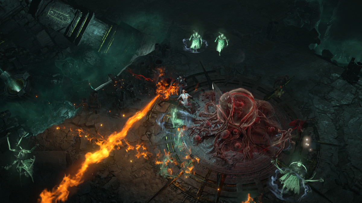 Un personaggio combatte i nemici con attacchi basati sul fuoco vicino a una crescita bulbosa in Diablo 4