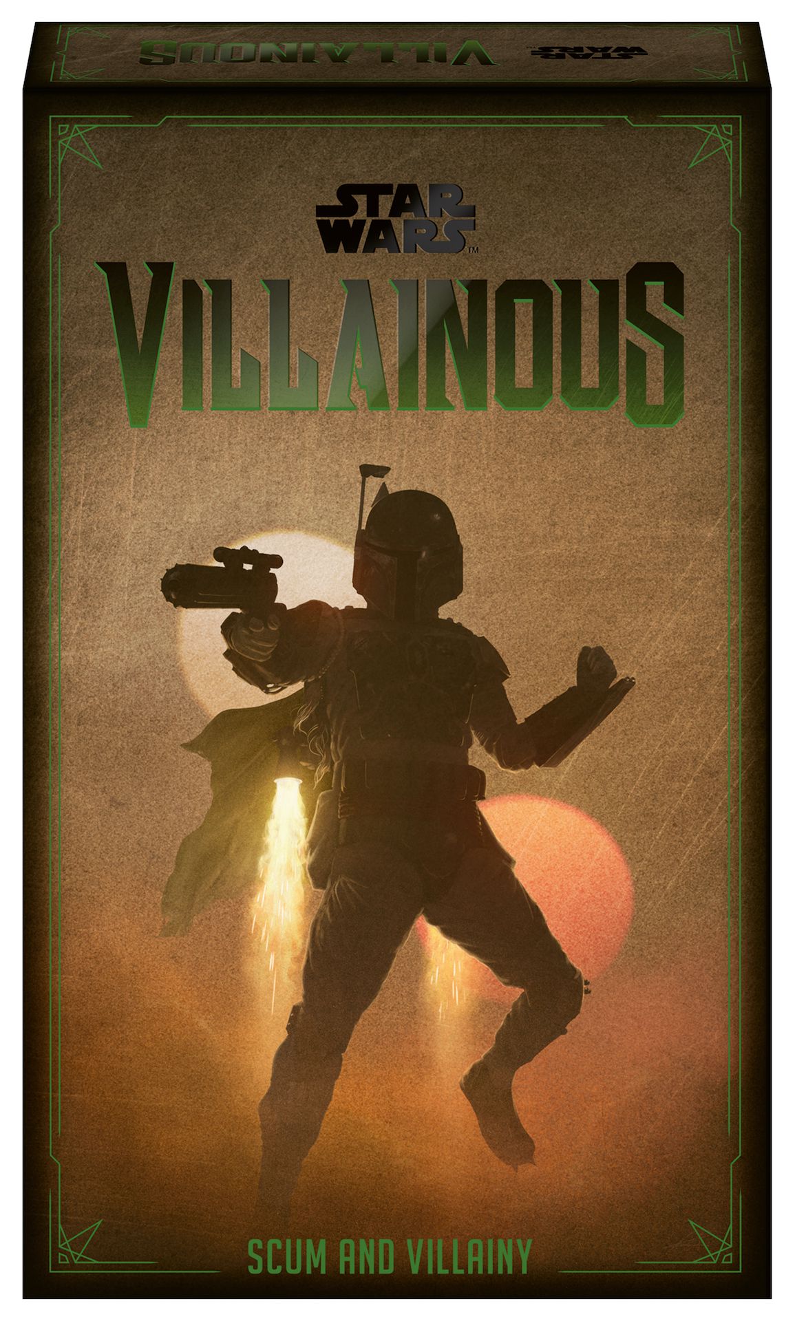 Una sagoma di Boba Fett in volo, che punta la sua carabina laser, da un primo rendering della scatola di Star Wars Villainous: Scum and Villainy.  Il testo è verde e i soli gemelli di Tatooine fanno da sfondo.