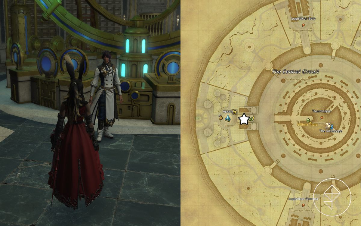 Una Viera in rosso si trova di fronte a un uomo con una veste bianca in Labyrinthos in Final Fantasy 14: Endwalker