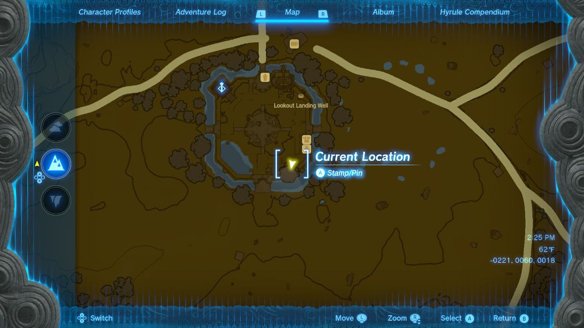 Uno screenshot della posizione sulla mappa di Lookout Landing in Zelda: Tears of the Kingdom, cartello che fa scorrere il punto tra il negozio di abbigliamento e la stalla