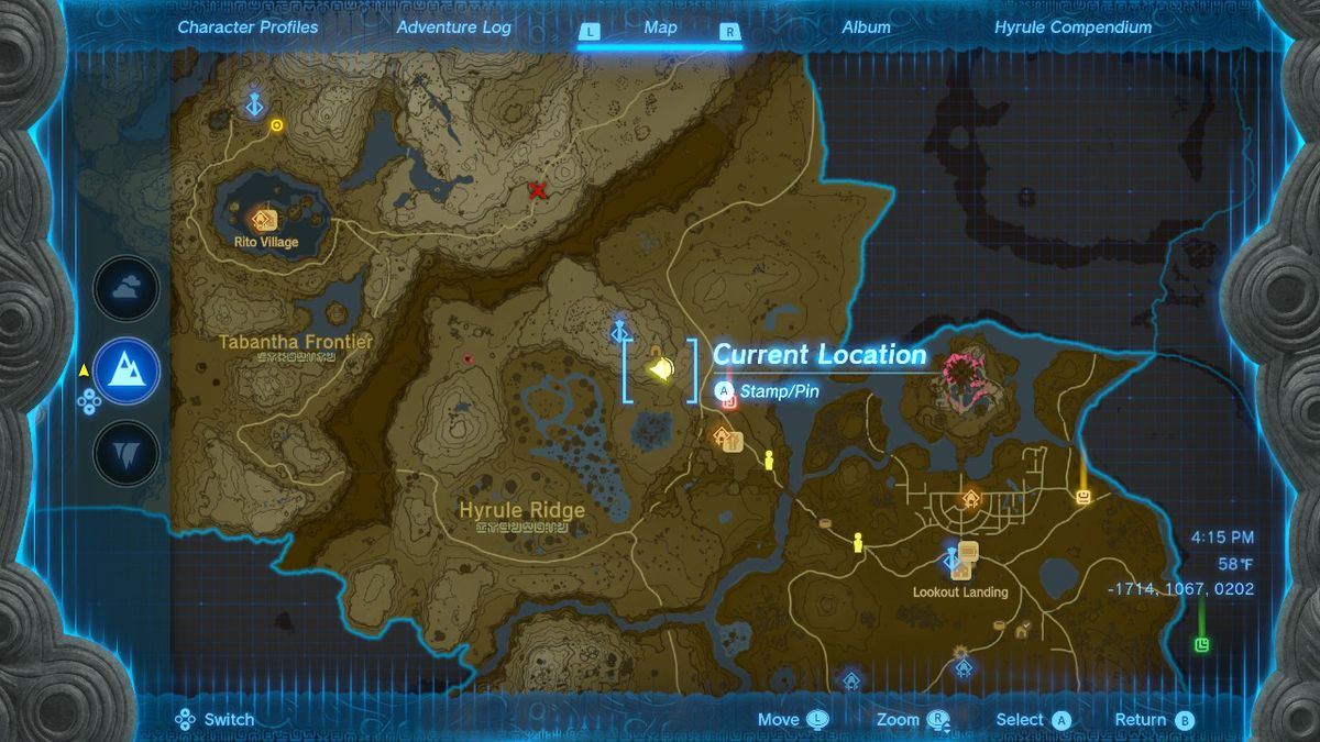 La posizione sulla mappa del primo avvistamento di Hestu in Zelda: Tears of the Kingdom