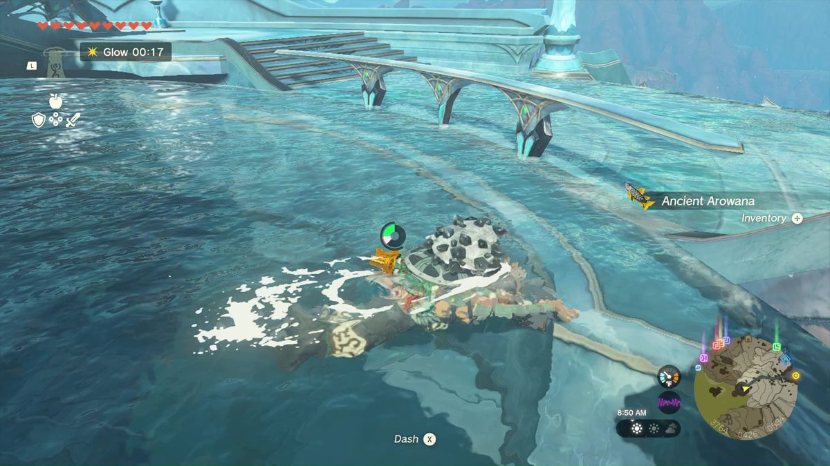 Link nuotando e catturando Ancient Arowana in Zelda: Tears of the Kingdom