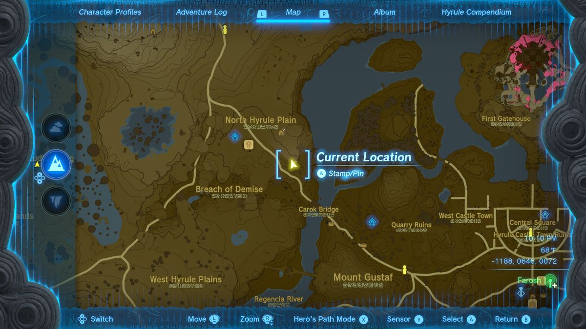 Uno screenshot della posizione sulla mappa della grotta di North Hyrule Plain in Zelda: Tears of the Kingdom