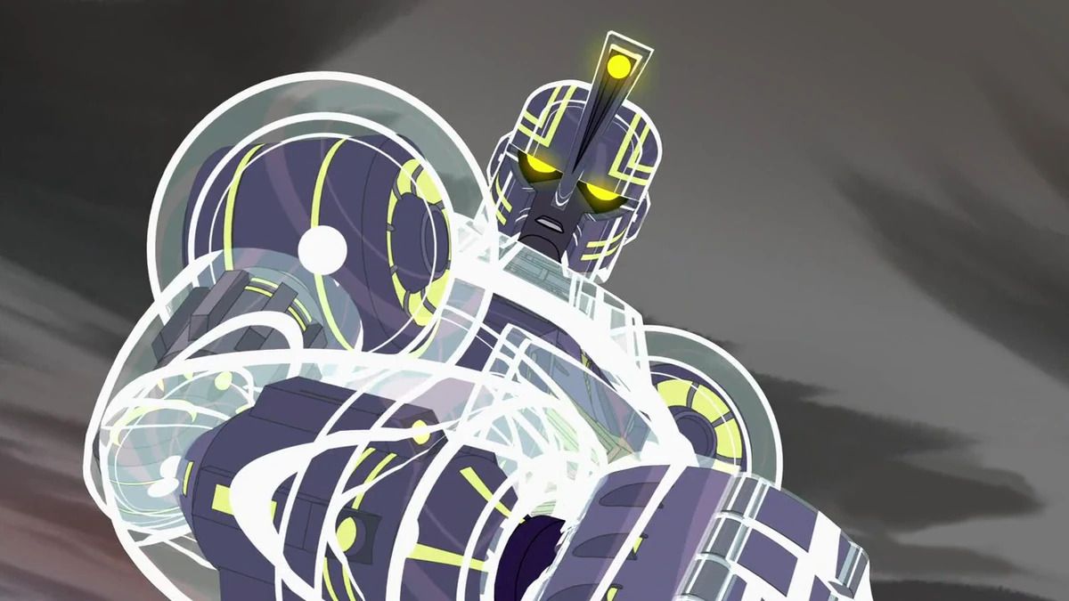 Un gigantesco robot mecha traslucido con cablaggio simmetrico giallo e componenti blu in Sym-Bionic Titan.