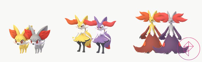 Fennekin, Braixen e Delphox con le loro forme luccicanti in Pokémon Go.  Tutte le forme lucenti diventano argento e viola.