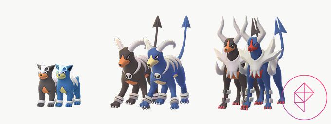 Shiny Houndour, Houndoom e Mega Houndoom in Pokémon con le loro forme regolari.  Tutte e tre le forme lucide assumono una tinta blu