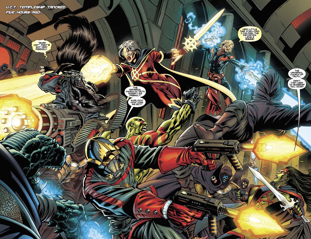 LtR: Rocket Raccoon, Star-Lord, Phyla-Vell, Drax, Adam Warlock e Gamora si fanno strada attraverso un'orda di credenti vestiti della Chiesa Universale della Verità in Guardians of the Galaxy # 1 (2008). 