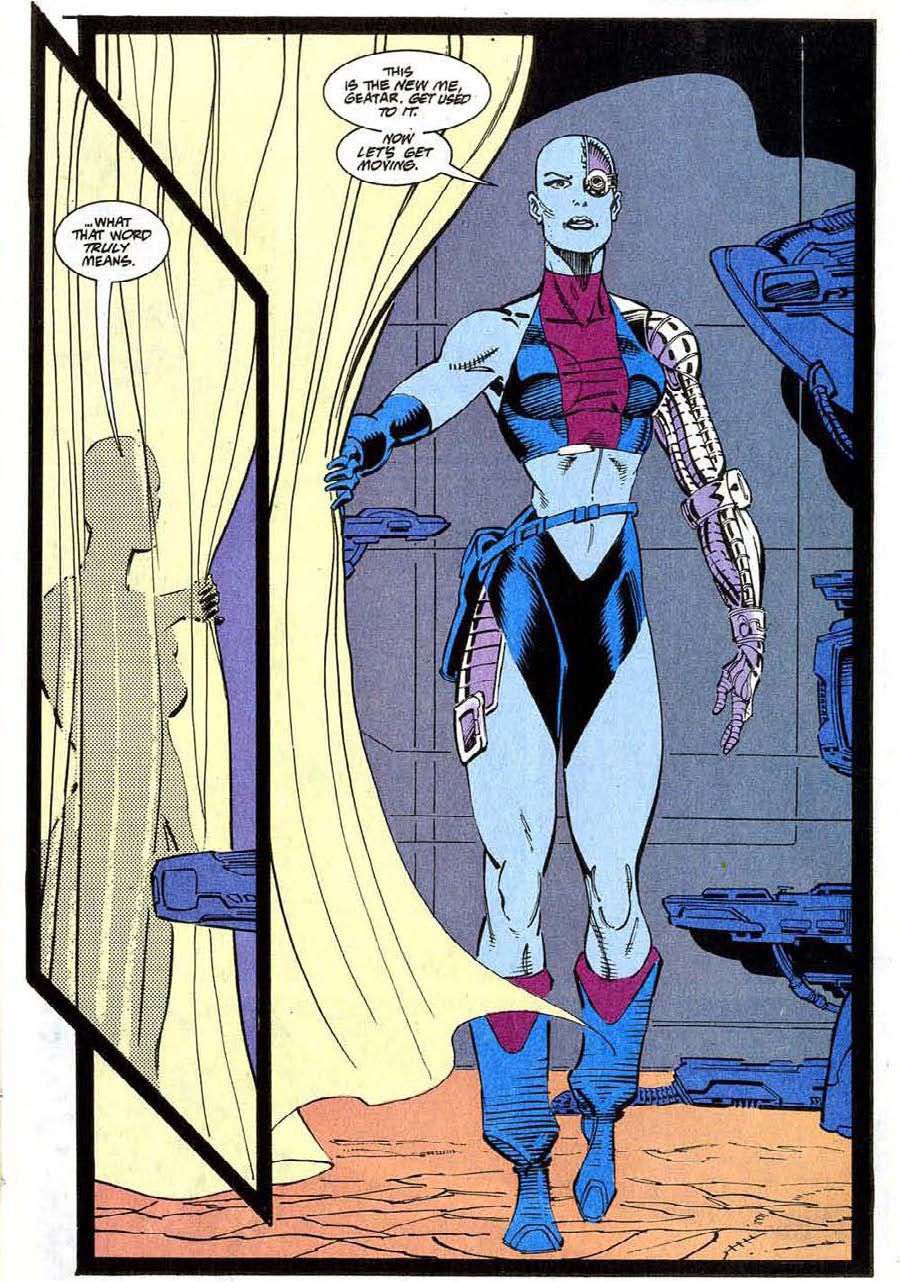 Nebula esce da dietro una tenda nel suo nuovo look: braccio e occhi da cyborg, canotta attillata, guanti, stivali e uno strano tipo di indumento attillato tipo solo biancheria intima in Silver Surfer #73 ( 1992). 