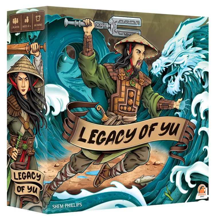 Cover art per Legacy of Yu che mostra un guerriero con un cappello di canna che brandisce un'arma a forma di U mentre attacca un drago d'acqua.