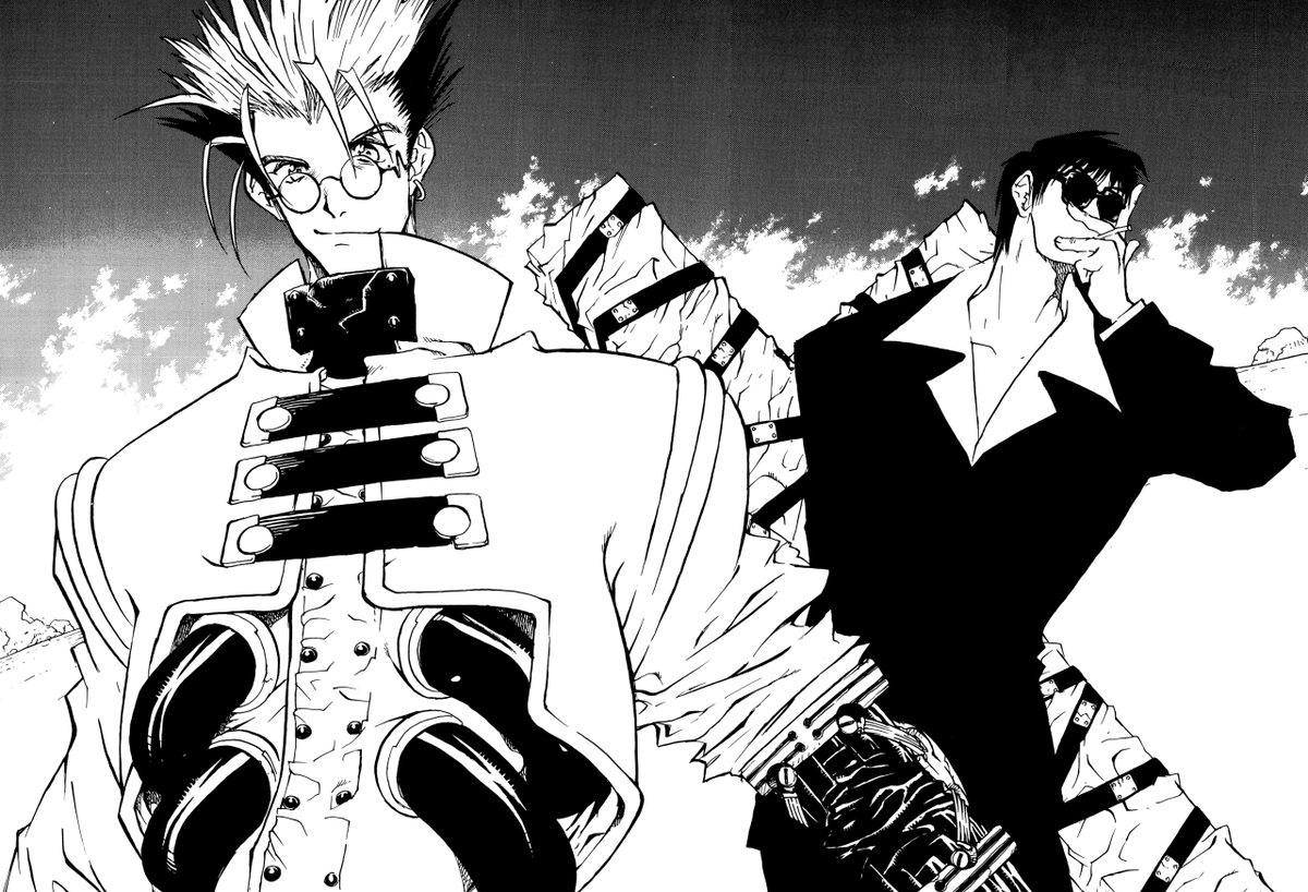(LR) Vash the Stampede e Nicolas D. Wolfwood come raffigurati nel manga Trigun Maximum di Yasuhiro Nightow del 1998.