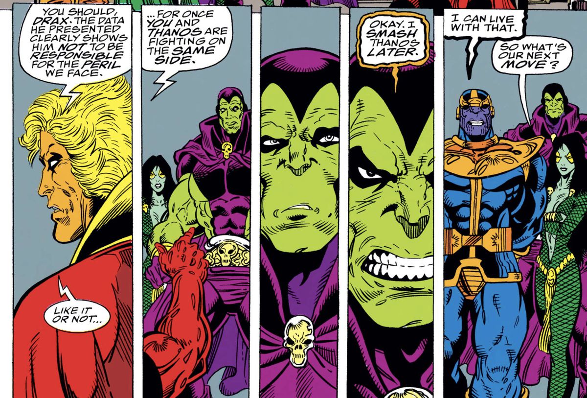 Adam Warlock, Gamora, Drax e Thanos discutono di come devono lavorare insieme e Drax distruggerà Thanos più avanti in Infinity War # 2 (1992).