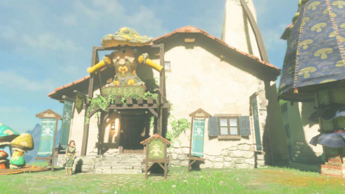 Una casa con tante decorazioni a forma di fungo in Zelda: Tears of the Kingdom