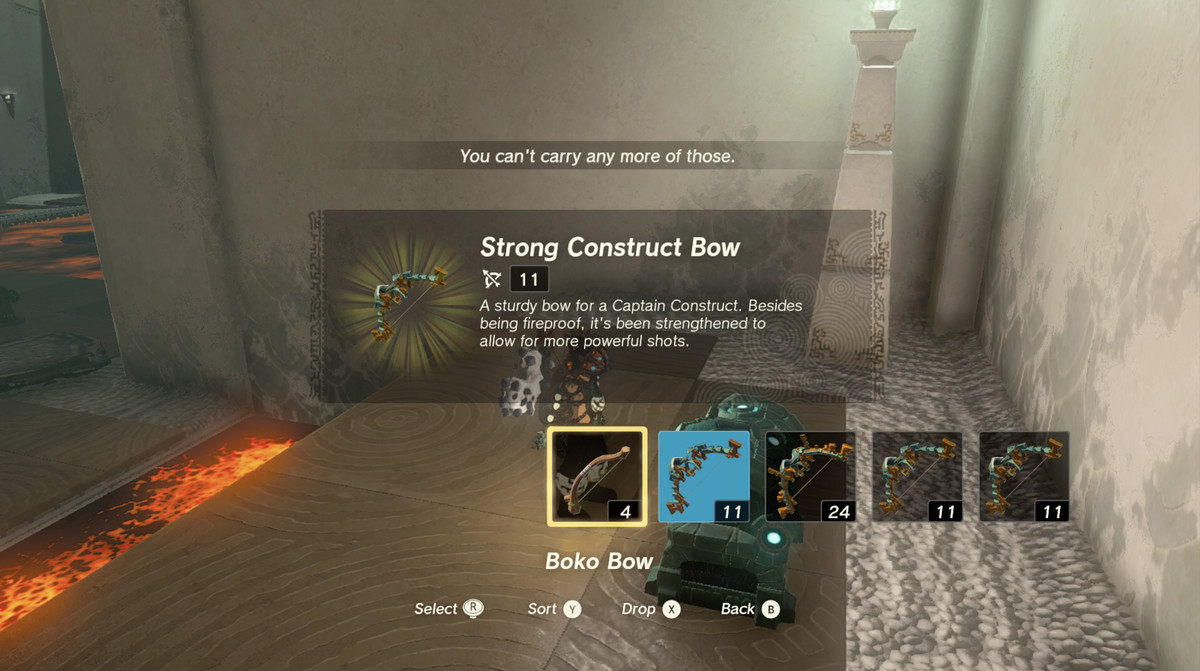 Un'immagine di una schermata di selezione dell'arco in Zelda: Tears of the Kingdom.  Il menu a comparsa mostra un'opzione per far cadere un arco. 