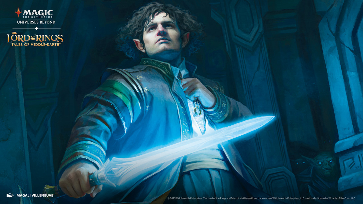 Arte dalla magia: The Gathering Il Signore degli Anelli: I racconti della Terra di Mezzo.  L'immagine mostra Frodo.  Impugna una corta spada luminosa e stringe l'Unico Anello che pende dalla catena al collo.