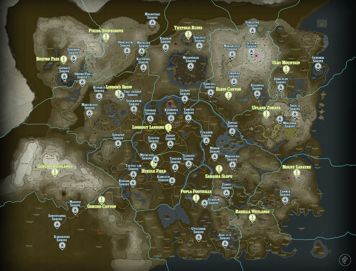 Mappa di Zelda Tears of the Kingdom della regione di Superficie con le posizioni dei santuari contrassegnate