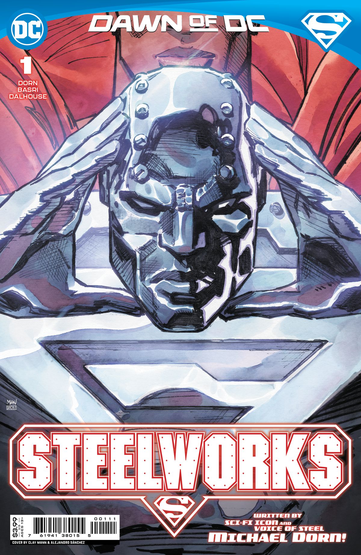 John Irons abbassa la scintillante mascherina d'acciaio del suo super vestito dalla faccia sulla copertina di Steelworks # 1 (2023). 
