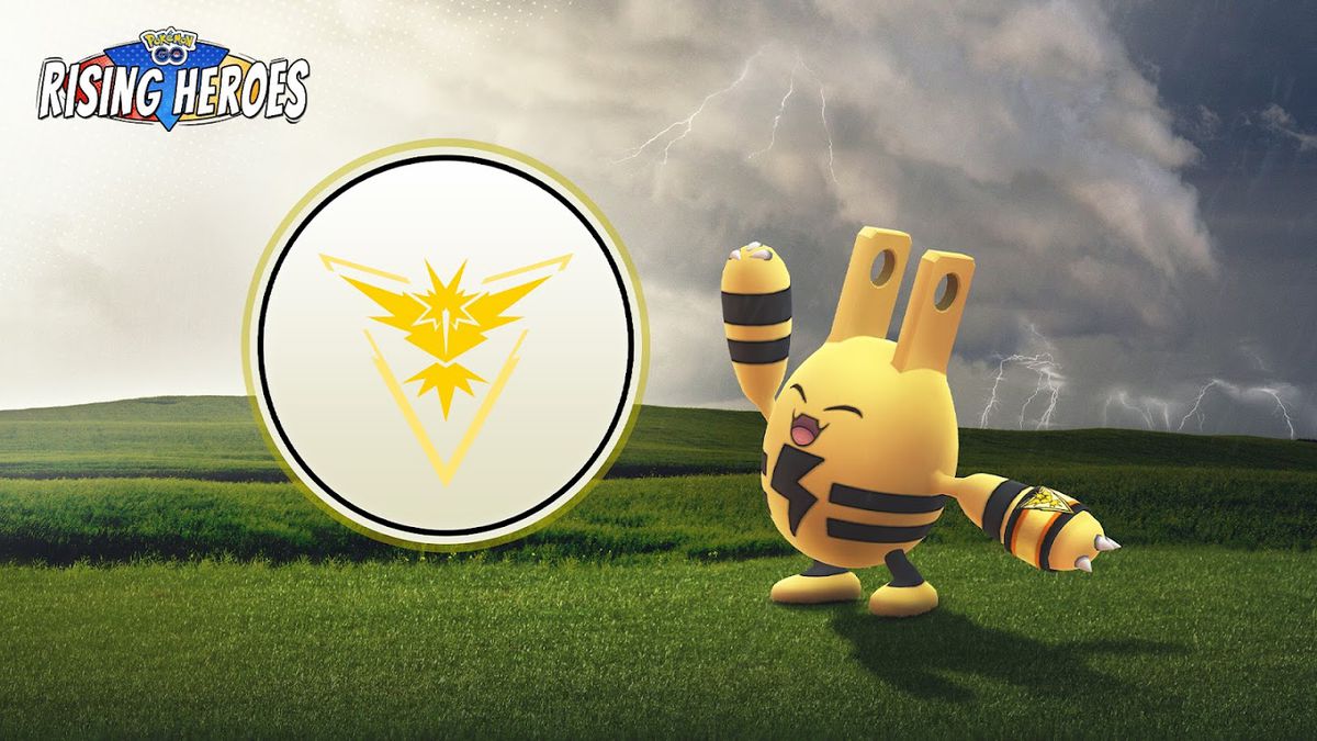 Il logo del Team Istinto e un Elekid che indossa un accessorio a tema Scintilla in Pokémon Go.