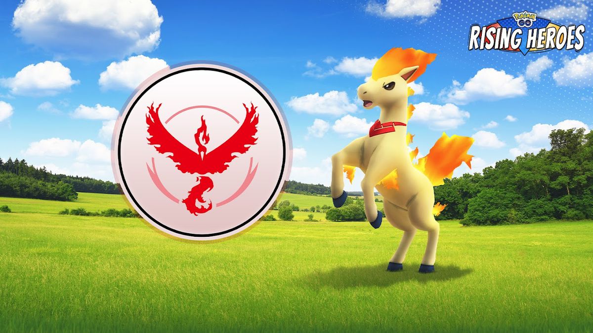 Il badge Team Valor accanto a un Ponyta che indossa un accessorio a tema Candela in Pokémon Go.