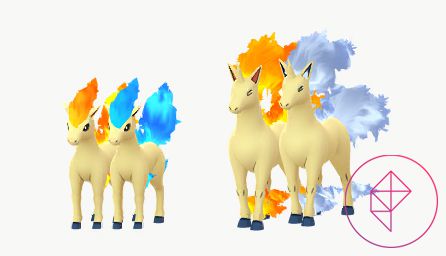 Shiny Ponyta e Rapidash in Pokémon Go con le forme normali.  Shiny Ponyta ottiene una criniera di fuoco blu e Rapidash brillante ottiene una criniera di fuoco d'argento