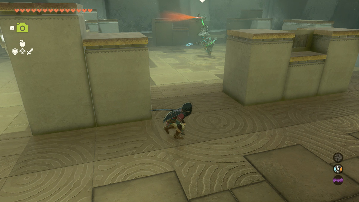 Link che aggira furtivamente un nemico in The Legend of Zelda: Tears of the Kingdom. 