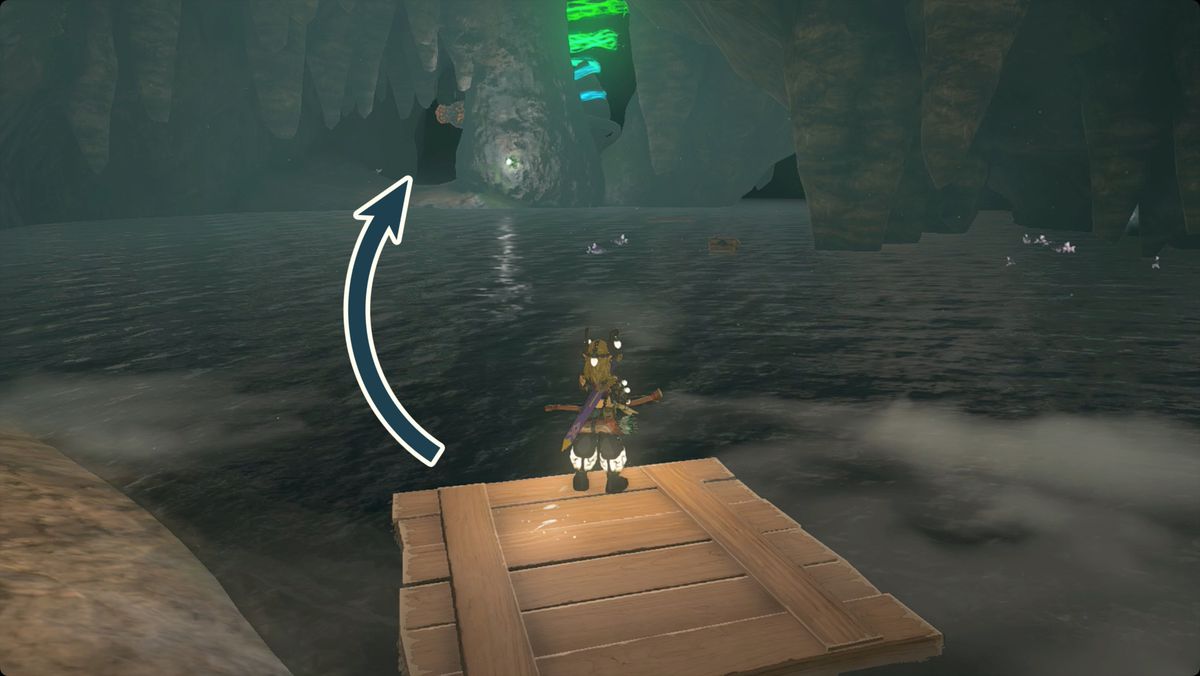 The Legend of Zelda: Tears of the Kingdom Link in piedi su una tavola galleggiante all'interno di Elma Knolls Well guardando il Santuario di Tenmaten attraverso l'acqua