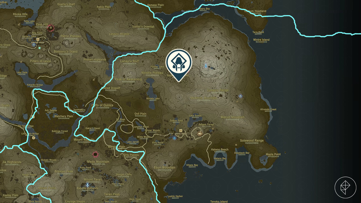 Posizione del Santuario Zakusu nella regione del Monte Lanayru sulla mappa di Hyrule in The Legend of Zelda: Tears of the Kingdom