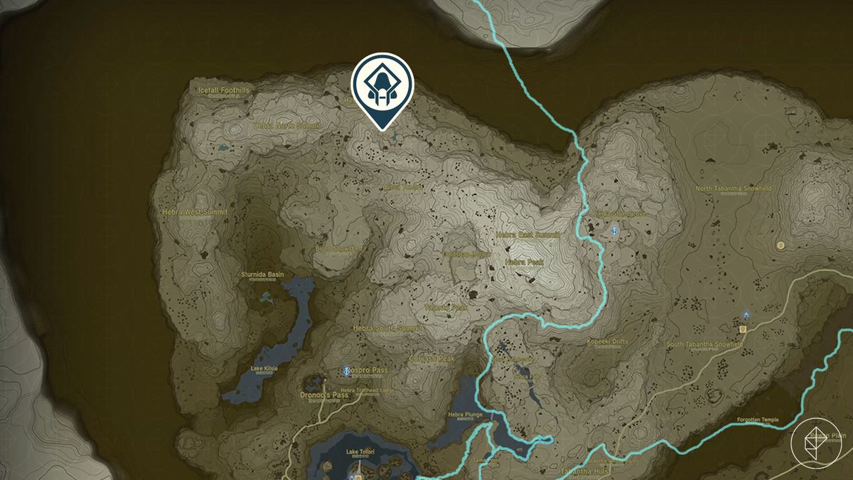 Una mappa mostra Hyrule in Lacrime del Regno, indicando la posizione del Santuario di Eutoum nella regione settentrionale di Hebra.