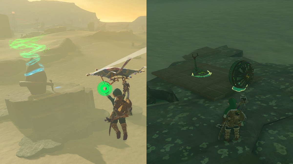 Collegamento in planata al Santuario di Kudanisar e creazione di un veicolo di sabbia nel deserto di Gerudo in The Legend of Zelda: Tears of the Kingdom.