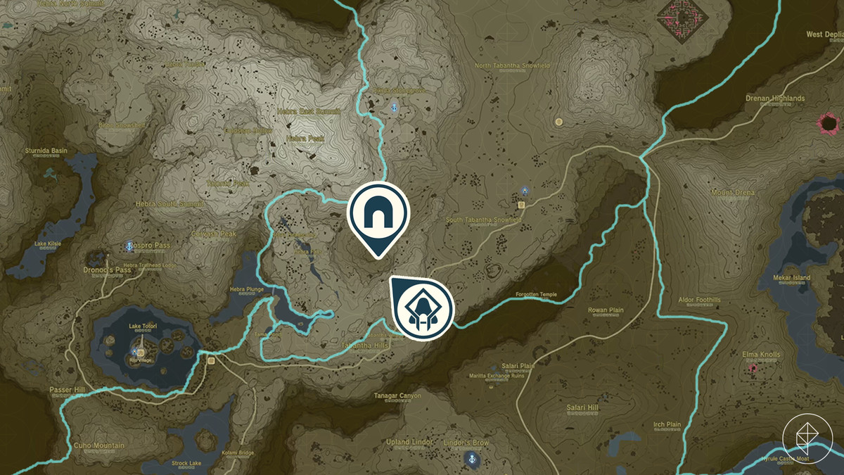 La mappa di The Legend of Zelda: Tears of the Kingdom mostra la posizione del santuario di Nouda