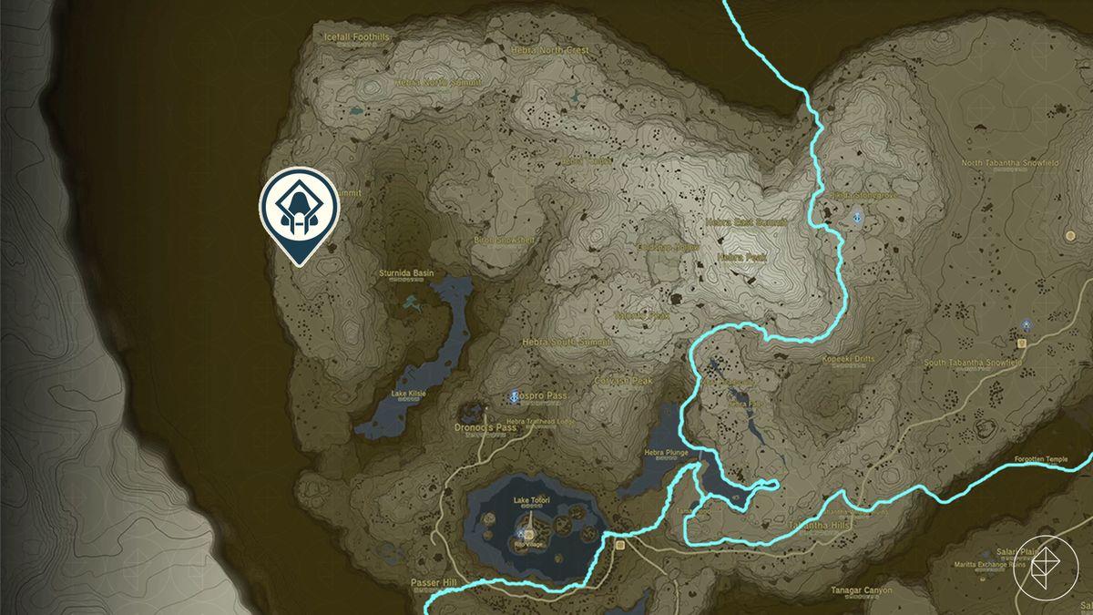 Posizione del santuario di Tauyosipun nelle montagne Hebra segnata sulla mappa di Hyrule in The Legend of Zelda: Tears of the Kingdom.