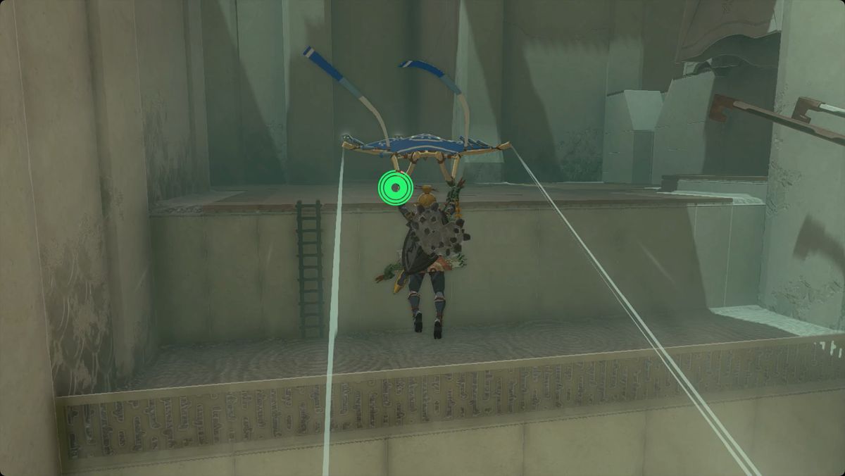 The Legend of Zelda: Tears of the Kingdom Link cavalca il vento da una presa d'aria nel Santuario di Mayamats