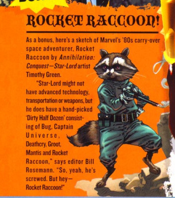 Un paragrafo accanto all'illustrazione di Rocket Racoon.  “Come bonus, ecco uno schizzo dell'avventuriero spaziale della Marvel degli anni '80, Rocket Raccoon di Annihilation: Conquest - l'artista di Star-Lord Timothy Green.  